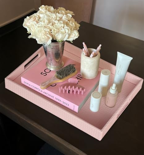 HofferRuffer Rectangle Serving Tray with Hole Handles for Coffee Table, Breakfast, Tea, Food, Butler - Countertop, Kitchen, Vanity Serve Tray, 16.2 x 12.2 x 2 inches, Faux Leather (Pink) - color: Pink