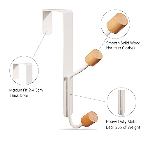 HYMIKO Over The Door Hooks,2 Packs Sturdy Metal Over Door Wooden Hooks Organizer Rack for Hanging Coats Hats Robes Towels,Bathroom Bedroom Door Hangers - White
