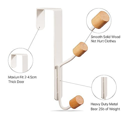 HYMIKO Over The Door Hooks,2 Packs Sturdy Metal Over Door Wooden Hooks Organizer Rack for Hanging Coats Hats Robes Towels,Bathroom Bedroom Door Hangers - White