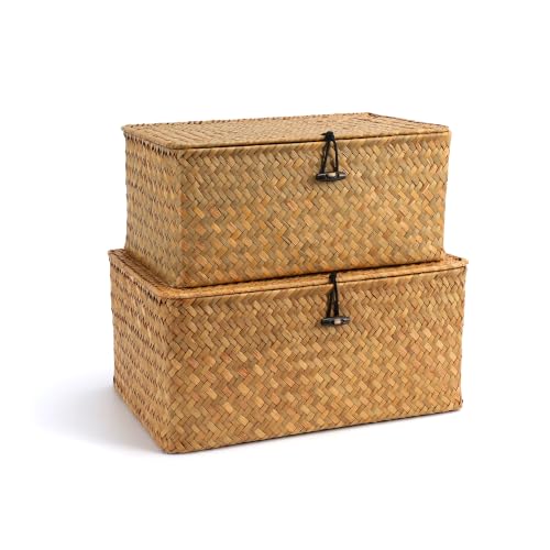 Nonam Storage Basket with Lid, Natural Seagrass Bin with Lid Set of 2, Shelf Baskets Multipurpose Container for Boho Decoration, Rectangular Household Storage Boxes for Home Organization-Natural - color: Natural-S+M