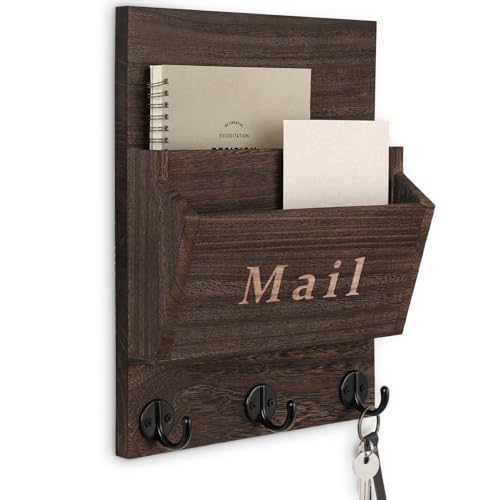 Mail and Key Holder, Wall Key Holder with 2 Mail Organizer Slot and 3 Hooks | Decorative 8.86" x 11.42" Mail Holder, Real Paulownia Wood with Keyhole Brackets, Hardware and Instructions - color: Brown