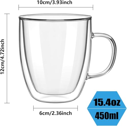 Double Wall Glass Coffee Mugs with Handle, 15 oz Set of 4 | Premium borosilicate, Heat resistant, Sweat proof, For latte, cappuccino, espresso, tea