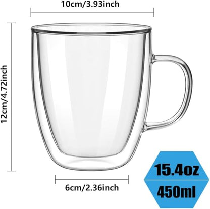 Double Wall Glass Coffee Mugs with Handle, 15 oz Set of 4 | Premium borosilicate, Heat resistant, Sweat proof, For latte, cappuccino, espresso, tea