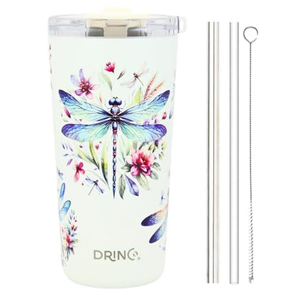 Drinco - 20 oz Stainless Steel Tumbler | Double Walled Vacuum Insulated Mug With Lid, 2 Straws, For Hot & Cold Drinks (20oz Dragonfly) - color: 20oz Dragonfly
