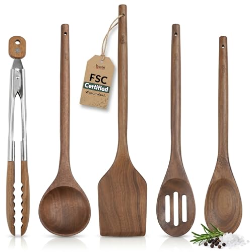 Elegant 5-Piece Walnut Wood Kitchen Utensil Set – Non-Scratch, Heat-Resistant Cooking Utensil Set with Kitchen Tongs, Spoons, Spatula & Ladle – Lightweight, Durable & Perfect for Daily Use or Gifting - color: The Monarch Walnut Set