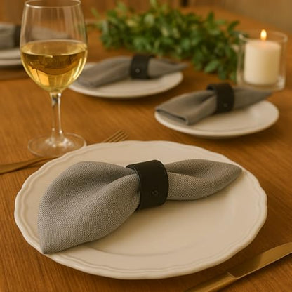 Luxury Leather Napkin Rings Set of 8, Black, Morgan Faux style, Modern Cuff Design for Wedding Party Decorations, Kitchen, Holiday Table ,Rust Proof,Hotel, Home, Table Accessories, Dining