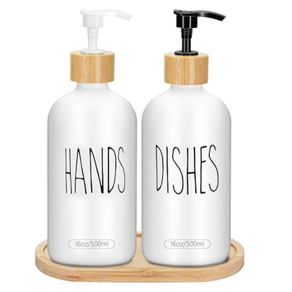 2 Pack 16 Oz Glass Soap Dispenser Set with Tray, Hand Dish Soap Dispenser Set for Bathroom and Kitchen Bottle Dispenser with Dish Soap, Hand Soap, Lotion (White（Hands） White (Dishes)) - color: White（hands）white (Dishes)