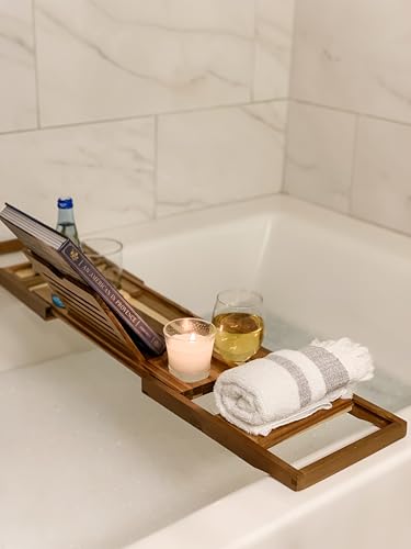 Premium Acacia Wood Bathtub Caddy | Adjustable Wooden Bath Tray | Book & Tablet Holder with Wine Glass Slot | Luxury Spa Gift for Her & Him