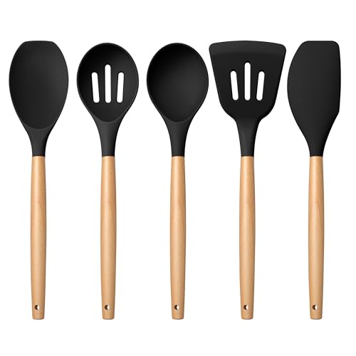 E-far Silicone Cooking Utensils Set, 5-Piece Black Kitchen Utensils Set with Wooden Handle for Cooking, Silicone Kitchen Nonstick Tools Spatula Turner Slotted Spoons, Nontoxic & Heat Resistant-Black - color: Black, size: 5