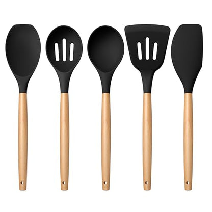 E-far Silicone Cooking Utensils Set, 5-Piece Black Kitchen Utensils Set with Wooden Handle for Cooking, Silicone Kitchen Nonstick Tools Spatula Turner Slotted Spoons, Nontoxic & Heat Resistant-Black - color: Black, size: 5