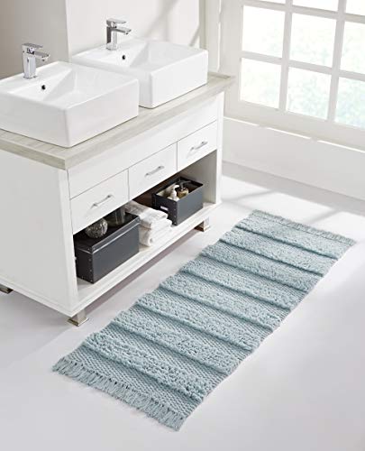 VCNY Home Savannah Collection Bath Rug Runner-Boho Fringe Striped Design-for Bathroom, Hallway, or Kitchen Use, 24" x 60", Blue - color: Blue