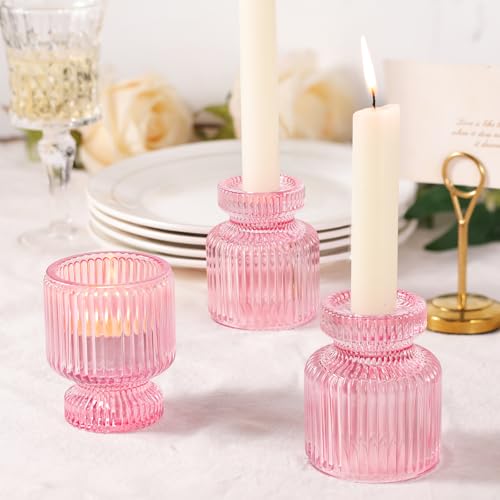 6 Pcs Pink Candlestick Holders - Glass Taper Candle Holders Tealight Votive Candle Holders for Table Centerpieces, Wedding, Dinner Party, Home, Gifts - color: Pink, size: 6Pcs
