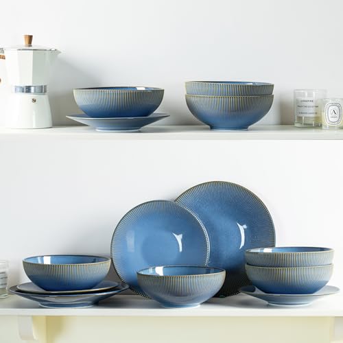 Dinnerware Sets for 4, 12 Piece Stoneware Plates and Bowls, Blue | 12 piece stoneware set for 4 with ribbed texture; dinner plates, salad plates and 33 oz bowls, microwave, dishwasher safe.
