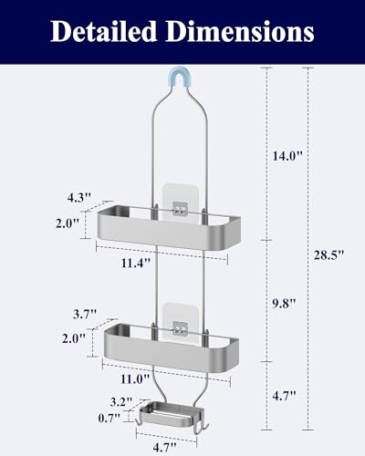 Kitsure Shower Caddy Hanging, No-Drill Bathroom Shelves, Silver, 28.5" H | Bathroom Organizers and Storage, Wobble-Free Shower Organizer with Adhesive Tapes, Rust-Proof Shower Storage for Toiletries