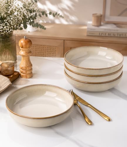 GBhome 8.75'' Large Pasta Bowls, 38oz Stoneware Pasta Serving Bowls Set of 4 - color: Almond Cream
