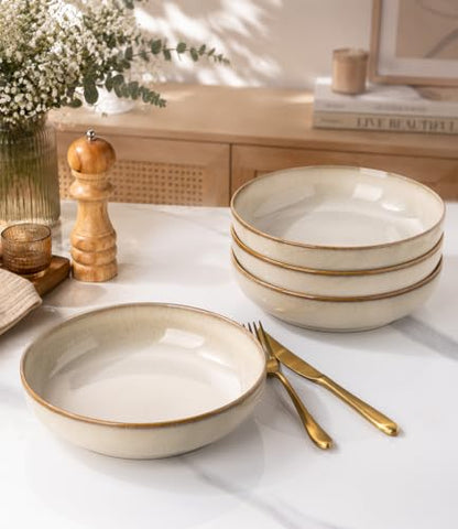 GBhome 8.75'' Large Pasta Bowls, 38oz Stoneware Pasta Serving Bowls Set of 4 - color: Almond Cream