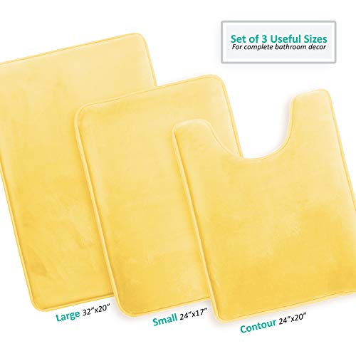 Clara Clark 3 Piece Bathroom Rugs Bath Mat Set, Velvet Memory Foam Bath Mats for Bathroom - Non-Slip, PVC Backing Bath Rugs, Washable - Dries Quickly, Yellow - color: Mellow Yellow