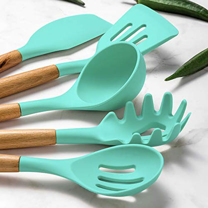 Umite Chef Kitchen Cooking Utensils Set, 24 pcs Non-stick Silicone Cooking Kitchen Utensils Spatula Set with Holder, Wooden Handle Heat Resistant Silicone Kitchen Gadgets Utensil Set (Green) - color: Green