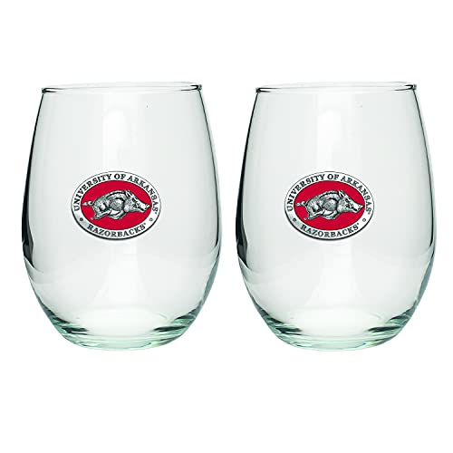 Heritage Pewter Arkansas Razorbacks Stemless Glass Goblets – Set of 2 | 15 OZ Goblet Wine Glasses | Expertly Crafted Pewter Glass - style: ARKANSAS RED