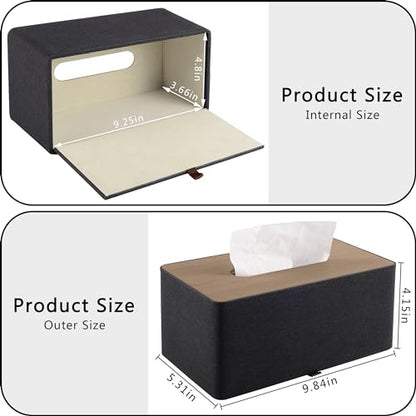 High-end Pu Leather Tissue Box Holder Two Color Combination-Linen and Wood Grain,Rounded Rectangle Napkin Paper Case Dispenser for Home Bathroom Dresser Offices Car Tissue Cover (Black) - color: Black Linen