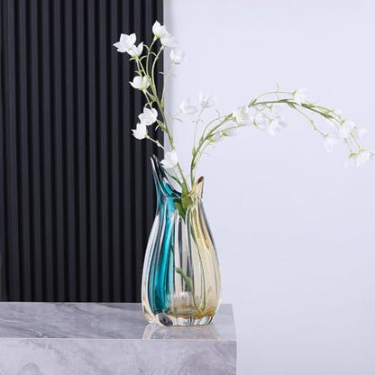 Hand Blown Glass Vase, Medium Wide Mouth Flower Vase Unique Modern Turquoise Glass Art Decor, Nonbreakable Vases for Table Centerpieces Living Room Decorative Amber and Teal Vase - size: Medium