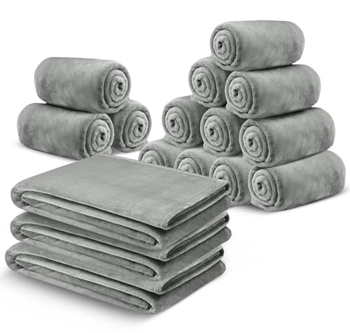 MOONLIGHT20015 Fleece Blanket 16 Pack - Super Soft Fuzzy Light Grey Throw Blanket for Couch and Sofa - Lightweight Luxury 400 GSM Microfiber Bed Blankets and Throws, 50 x 60 Inches (Throw/Travel) - color: Light Grey, size: Throw (Pack of 16)