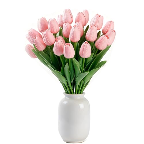 Light Pink Artificial Tulips, 20 Pcs PU Real Touch Faux Flowers | 13.5" tall, 20 bendable stems, fake flowers for Valentine's, birthday, wedding centerpiece, home, vase decor - color: Light Pink