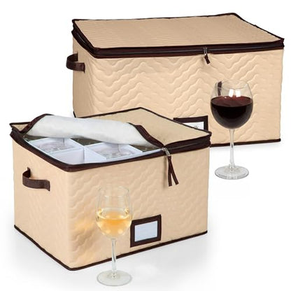 Wine Glass Storage Box with Dividers, Holds 12 Glasses up to 3.75" Wide | 2 Pack, Stemware Storage Case, Protects Fine China, Durable Quilted Microfiber, Carry Handles, Ideal for White Wine - size: Red & White Wine, style: 2 Pack