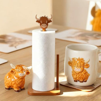 Leinuosen Brown Paper Towel Holder Cute Highland Cow Wooden Paper Towel Holder Brown Bathroom Countertop Accessories Kitchen Stand Organizer Standing Apartment Decor Housewarming Gift - style: Highland Cow
