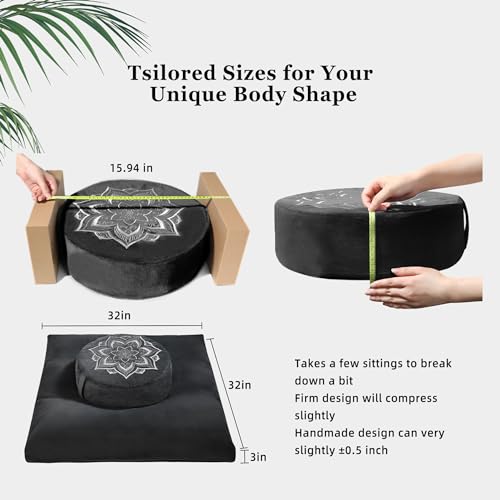 Meditation Cushion Set Zafu & Zabuton – Buckwheat Hull & Memory Foam, Adjustable Floor Pillow for Yoga, Meditation & Sitting, Removable Velvet Cover (Classic Black) - color: Classic Black