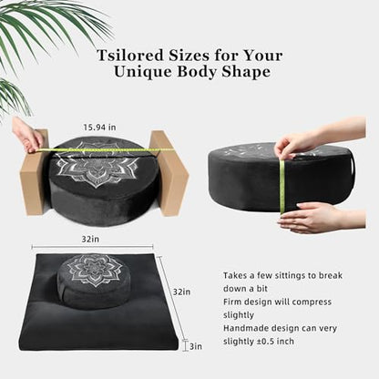 Meditation Cushion Set Zafu & Zabuton – Buckwheat Hull & Memory Foam, Adjustable Floor Pillow for Yoga, Meditation & Sitting, Removable Velvet Cover (Classic Black) - color: Classic Black