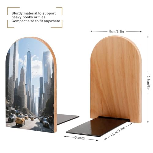 Personalized Wood Book Ends Metal Base Urban Skyscraper Street Printing Bookend Modern Heavy Duty Bookends for Home Or Office 1 Pair - color: Urban Skyscraper Street