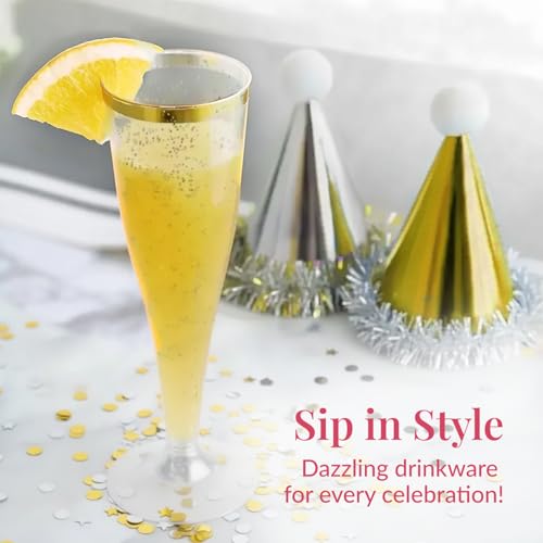 Prestee 48 Disposable Plastic Champagne Flutes With Gold Rim Glitter - Clear Toasting Glasses for Mimosa, New Year’s Eve Party, and Elegant Celebrations - Premium Quality Disposable Stemware - color: Gold Rimmed, size: 48 Count (Pack of 1)