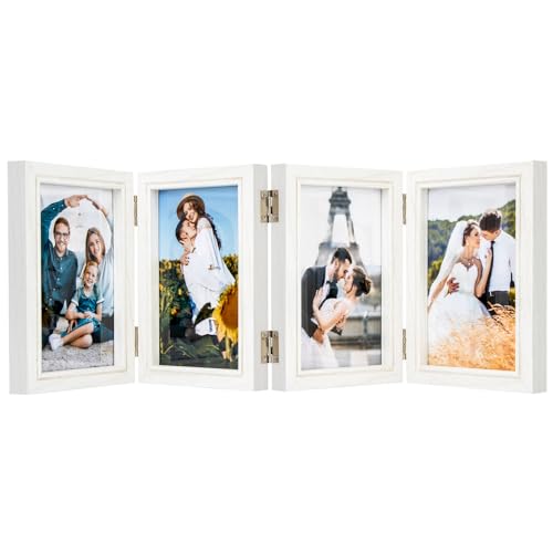 POILKMNI 4x6 In Four Picture Frame 4 Hinged Photo Frame with 4 Openings | Natural Wood Foldable Photo Frame High Definition Acrylic for Mothers Day Father's Day Christmas Gift, Family Picture, White - color: White, size: 4x6