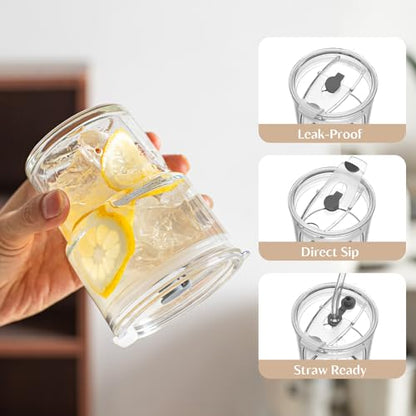 INSETLAN 13 oz Portable Glass Tumblers Set of 4, Thick Wall Glass Cups with Lid and Glass Straw, On-the-Go Coffee Cups for Iced Coffee, Tea, Milk, Hot & Cold Drinks, Travel & Daily Use - color: 13 oz - 4 Pcs