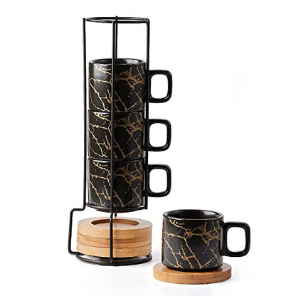 LUKA Porcelain Espresso Cup with Saucer and Metal Stand, 4 Ounce Stackable Ceramic Demitasse Espresso Mugs Cups Set for Latte,Coffee,Cafe Mocha,Tea(Set of 4) - color: Black Marbling