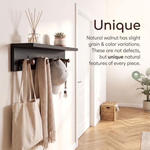 1 Pack Walnut Wood Entryway Coat Rack with Shelf & 4 Hooks