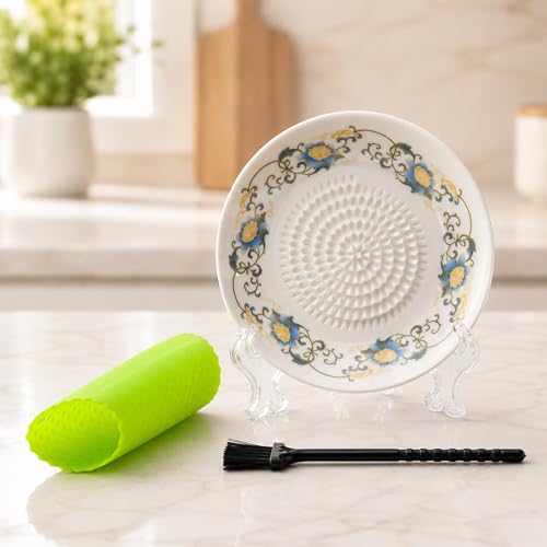 Ceramic Garlic Grater Plate Bowl Tomato Dish Made in Spain Spanish Grating Pan Herb Stripper Peeler Con Tomate Grater Plate Brush Stand Kitchen Gadget Gift Set Ginger Olive Oil Dip(#A) - color: #A