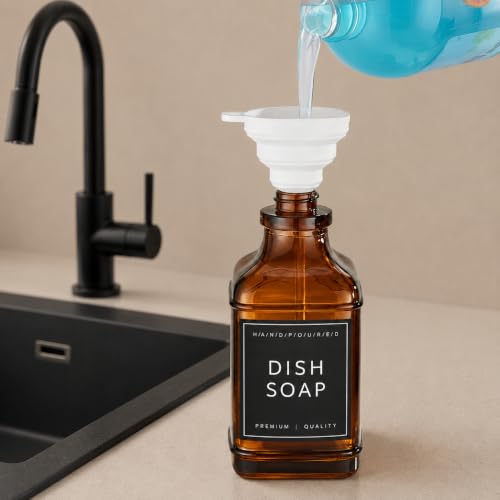 Amber Glass Soap Dispesner Set 2 16.9oz Kitchen Sink Luxury Bathroom Decor | Anti-leak Stainless Steel Pump, Bamboo Tray Silicone Funnel, Refillable Bottles with Waterproof Labels Residue Free - color: Dm2647-brown