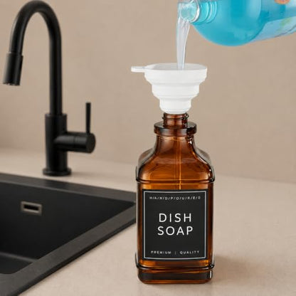 Amber Glass Soap Dispesner Set 2 16.9oz Kitchen Sink Luxury Bathroom Decor | Anti-leak Stainless Steel Pump, Bamboo Tray Silicone Funnel, Refillable Bottles with Waterproof Labels Residue Free - color: Dm2647-brown