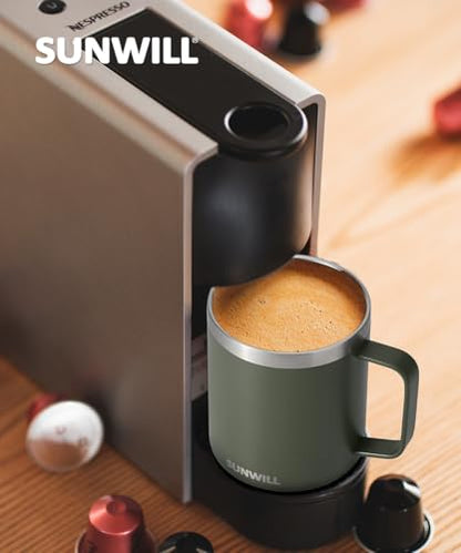 SUNWILL Travel Coffee Mug with Lid, Insulated Tumbler with Handle, 14 oz Stainless Steel Cup for Home, Office, Camping, Powder Coated Camp Green - color: Powder Coated Camp Green