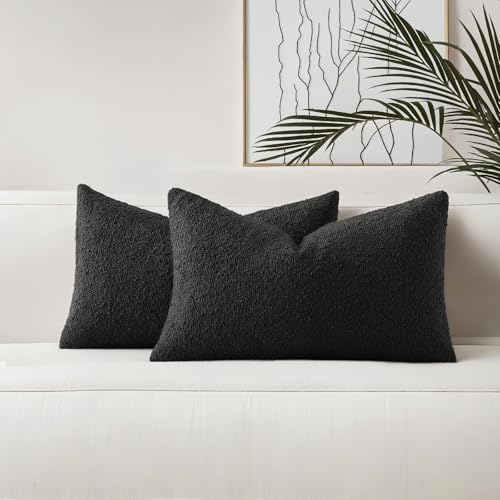 HAUSSY Pack of 2 Lumbar Pillow Covers 12x20 Inch, Boucle Decorative Throw Pillows Soft Boho Neutral Cushion Covers Home Decor Modern Pillow Cases for Couch Living Room Sofa Bed, Black (Covers Only) - color: Black, size: 20" x 12" (Pack of 2)