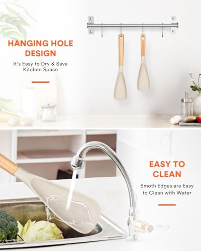 Multifunction Spoon for Nonstick Cookwares, Great for Cooking and Serving, Sturdy BPA-Free Matte Silicone, Wood Handle spoonula for Mixing, Scoop, and Scrape, Khaki(2 pack,11.4" & 13.4") - color: Khaki