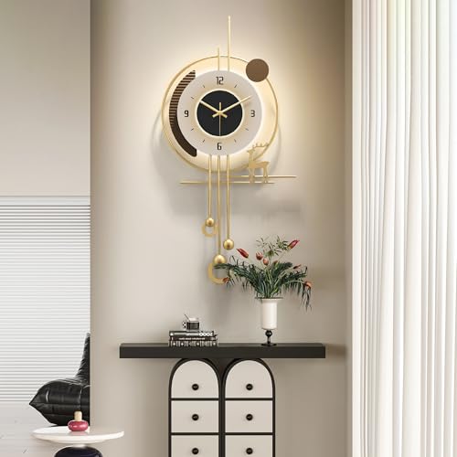 Modern Wall Clock for Living Room,Large Gold Decorative Wall Clock with Light,Creative Silent Clock Battery Operated for Kitchen/Entryway/Bedroom/Office/Dinning Room Metal Wall Decor - size: 13"Lx27"W