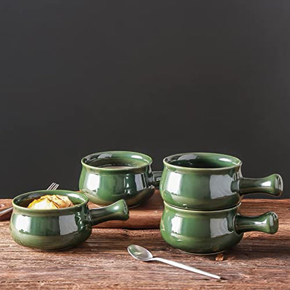 vicrays French Onion Soup Bowls With Handles, 26 Ounce for Soup, Chili, Beef Stew, Chip Resistant, Dishwasher Microwave Safe, Set of 4 (Green) - color: Green