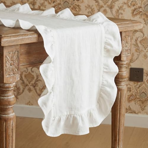 HunnmingRe White Ruffled Table Runner 118 Inch Scalloped Table Runner Cotton Flounces Washable Shabby Farmhouse Rustic Home Kitchen Decoration for Wedding Rectangle Bride Shower Christmas Party - color: White, size: 14 x 118 Inch