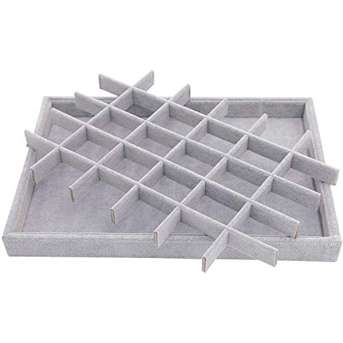 Grey Velvet Stackable 30 Compartments Jewelry Tray Box Showcase Display | Organizer Holder Rectangle Storage Case Containers Chest for Women Crystal Stone Stud Drop Earring Watch Bead Trinket Diamond - color: Grey 30 Grid