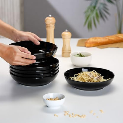 KooK Pasta Bowls Set of 6, Salad Bowl, Large, Ceramic, Microwave and Dishwasher Safe, Great for Soups and Salads, Shallow Serving Bowls, Glossy Porcelain, 32 oz, (Black) - color: Black
