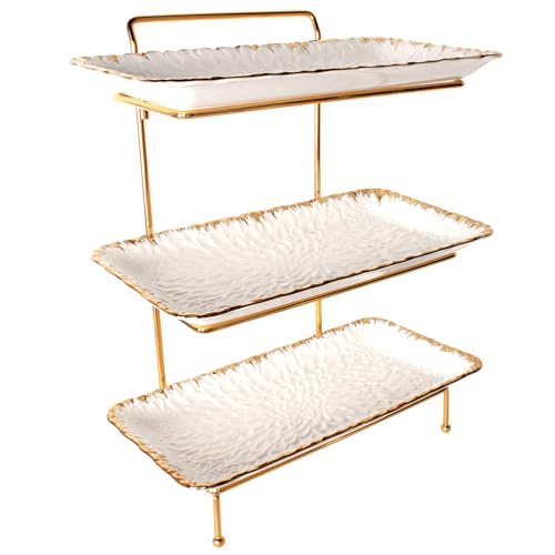 3-Tiered Serving Rack with Ceramic Tray, Foldable Gold Stand with 3-PCS 14 Inch Gold Rim Plates, for Food Display, Fruit, Dessert，Decoration for Parties Entertaining - color: 3-pcs 14 Inch