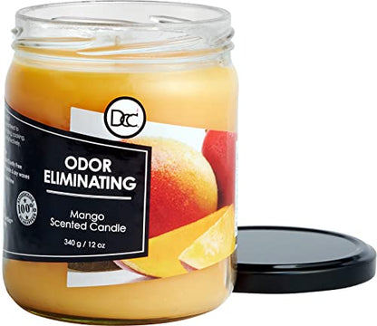 Mango Odor Eliminating Highly Fragranced Candle - Eliminates 95% of Pet, Smoke, Food, and Other Smells Quickly - Up to 80 Hour Burn time - 12 Ounce Premium Soy Blend - color: Mango